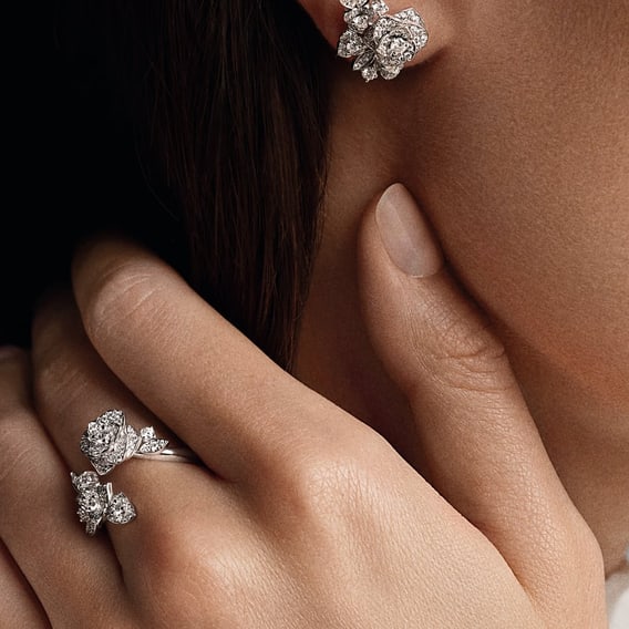 Piaget Rose white gold diamond jewellery ring and white gold diamond earring