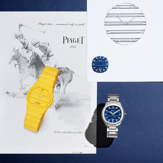 A collage illustrating the history of gadroons on Piaget Polo watches. It features a vintage 1985 advertisement with an illustration of polo players and a yellow Gold Piaget Polo watch with iconic gadroons. To the right, a steel watch with a blue dial and a metal bracelet
