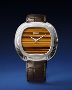 Piaget watch in Andy Warhol style, in white gold and a brown alligator leather strap.