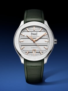 Close-up of the Piaget Polo Date luxury watch