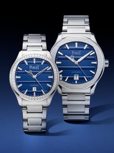 Piaget Polo luxury watch duo, blue dials and diamond-set bezel