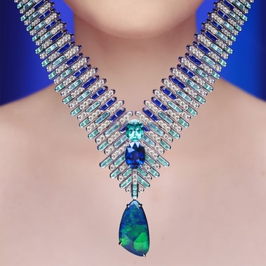 sautoir watch set with diamonds and precious stones